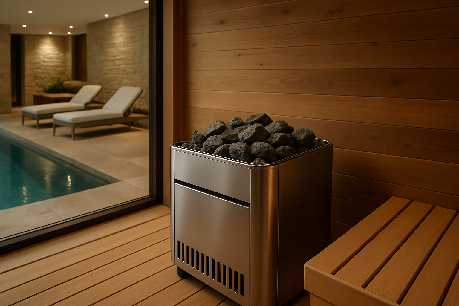 Commercial sauna heater in a luxury spa setting