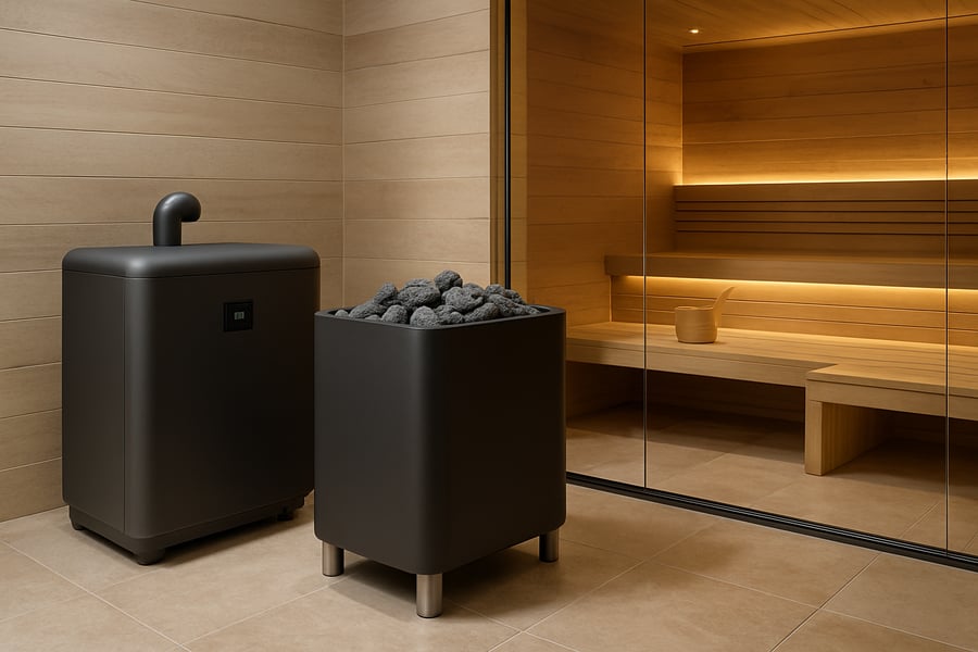 Modern steam generator and sauna heater installed in a luxurious spa setting Modern steam generator and sauna heater installed in a luxurious spa setting