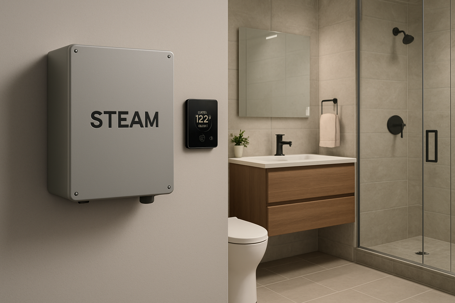 Modern steam generator installed in a home bathroom